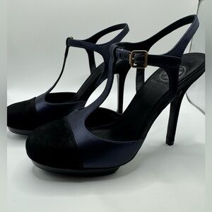 Tory Burch Mandy T-Strap High Heels Pumps Shoes Navy Black Satin Suede 7.5